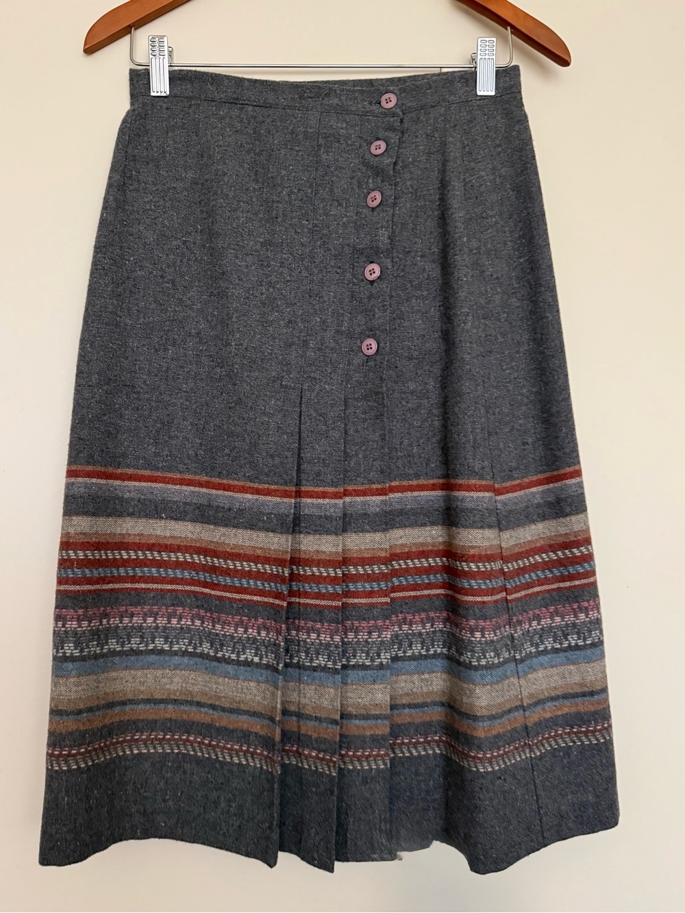 Vintage 70s Wool-blend Box Pleated Grey A-line Wrap Skirt M Preppy Dark Academia